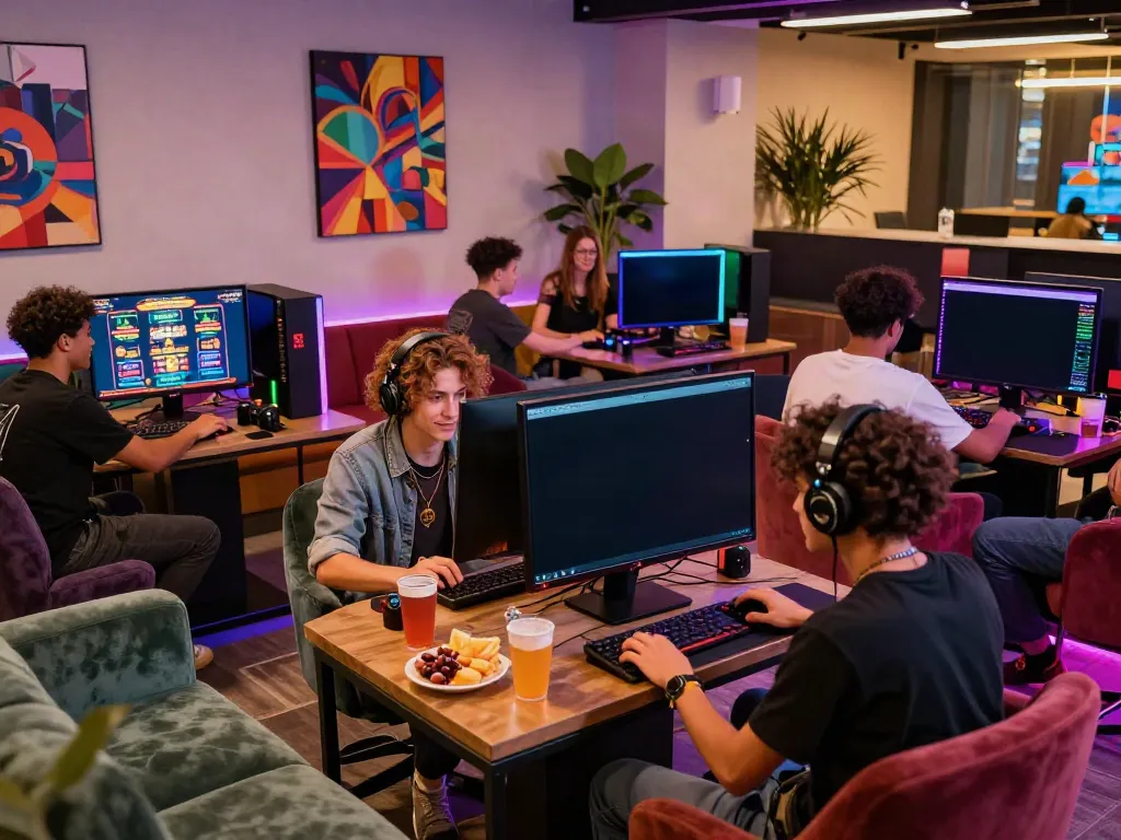 Group enjoying online casinos not on GamStop with vibrant gaming setup and screens.