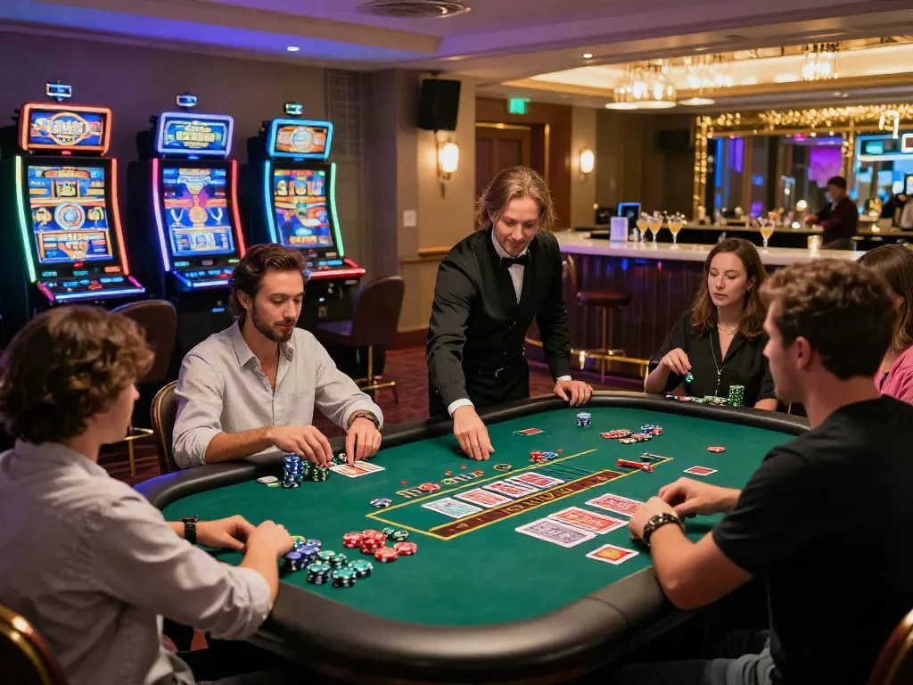 Experience the thrill of online casinos not on gamstop in a vibrant gaming atmosphere with lively dealers and glowing slot machines.
