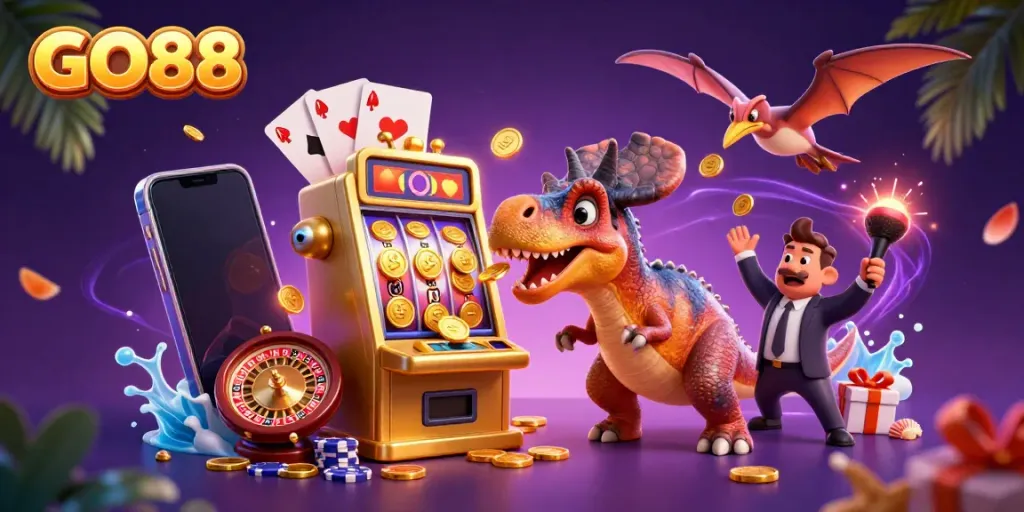 GO88 showcases a playful dinosaur scene with a pachycephalosaurus winning on a golden slot machine, capturing casino excitement.