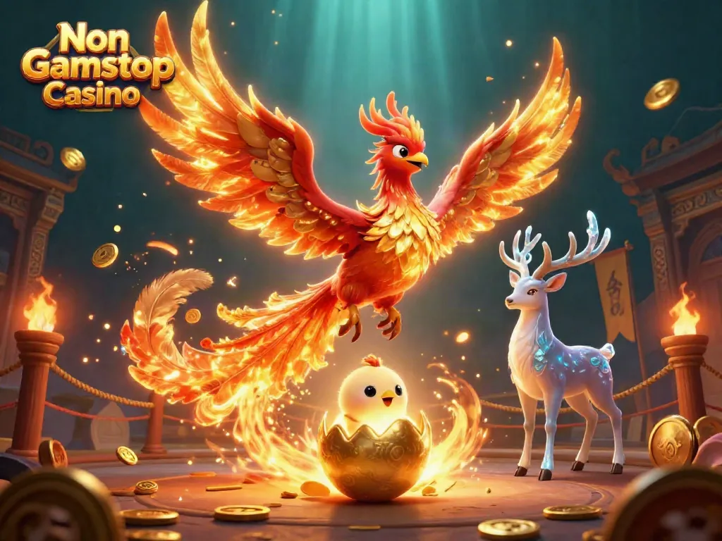 Experience the thrill of Non Gamstop Casino with a vibrant 3D phoenix-themed scene showcasing dynamic gaming elements.