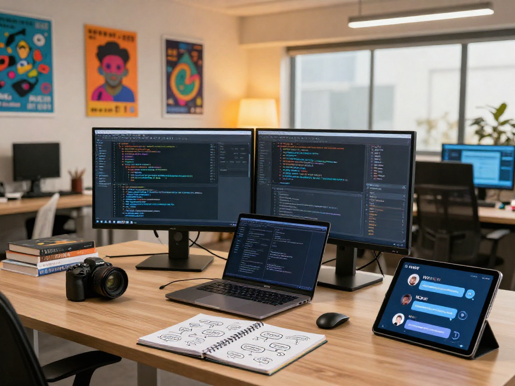 Engaging workspace featuring a developer coding NSFW AI chat scenarios, with dual monitors and creative tech elements.