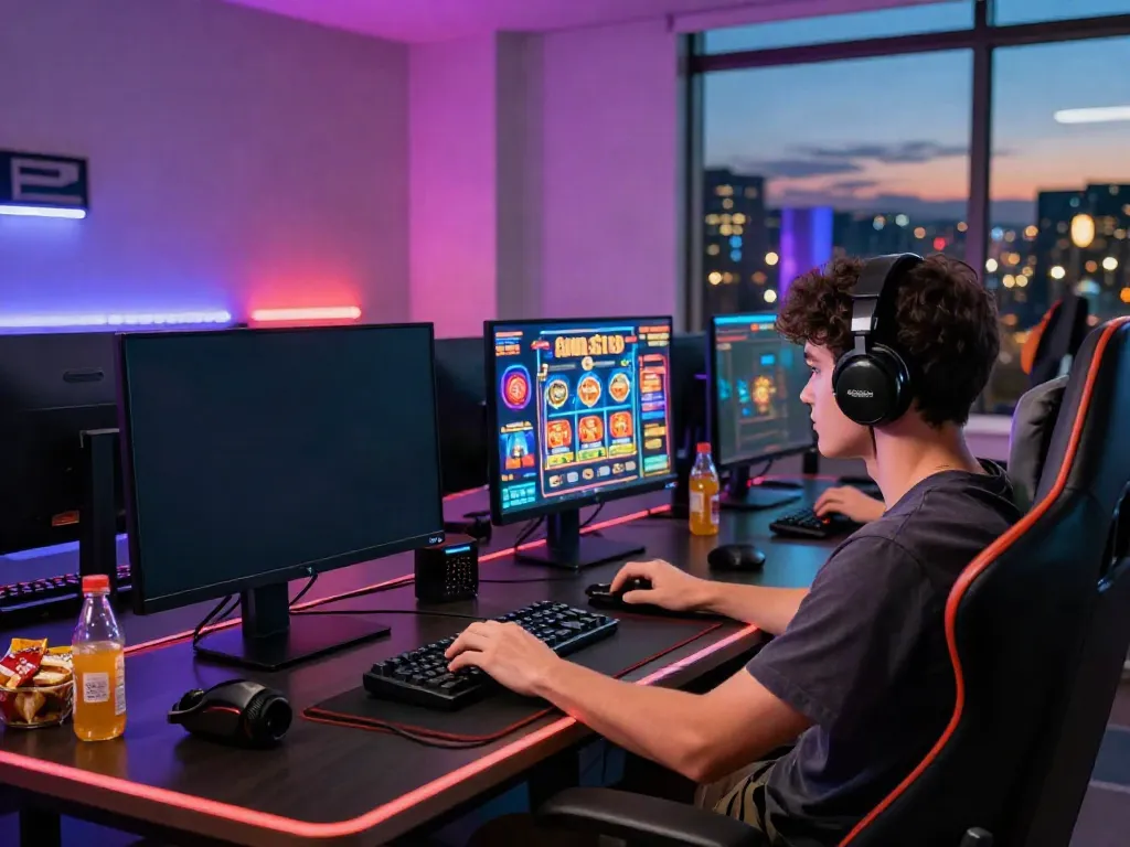 Person enjoying online casinos not on GamStop in a vibrant gaming room with LED lights and gaming accessories.