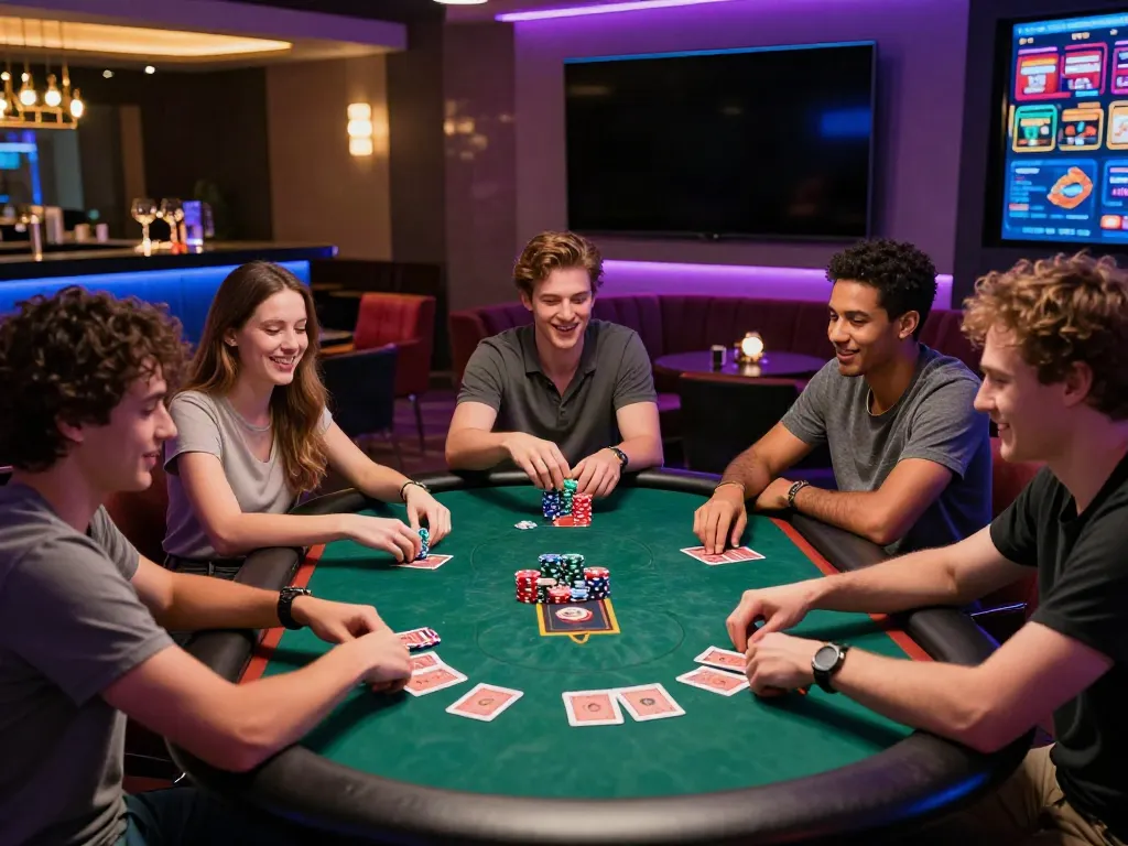 Exciting casino scene showing friends enjoying online casinos not on gamstop around a vibrant poker table.