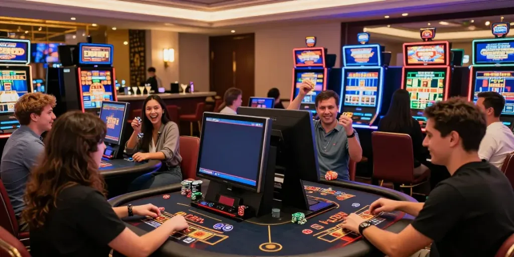 Exciting gaming atmosphere at online casinos not on gamstop with players celebrating wins and vibrant decorations.