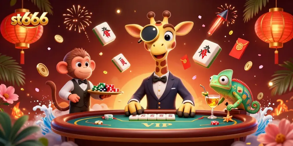 Join the excitement at st666 with a high-roller giraffe at a poker table, enchanted by colorful game elements.