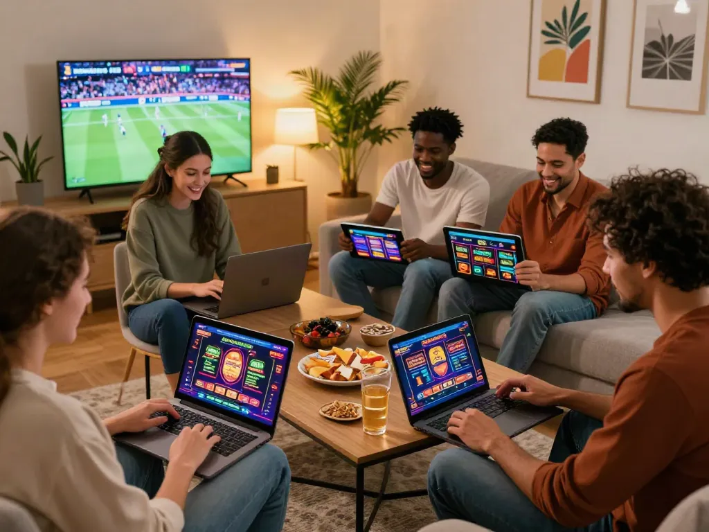 Engaging game session with friends enjoying online casinos not on GamStop in a cozy living room.