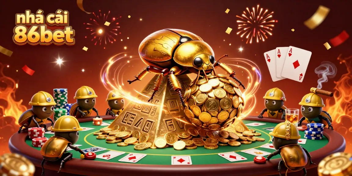 Engaging illustration of nhà cái 86bet with vibrant casino elements celebrating a golden jackpot.