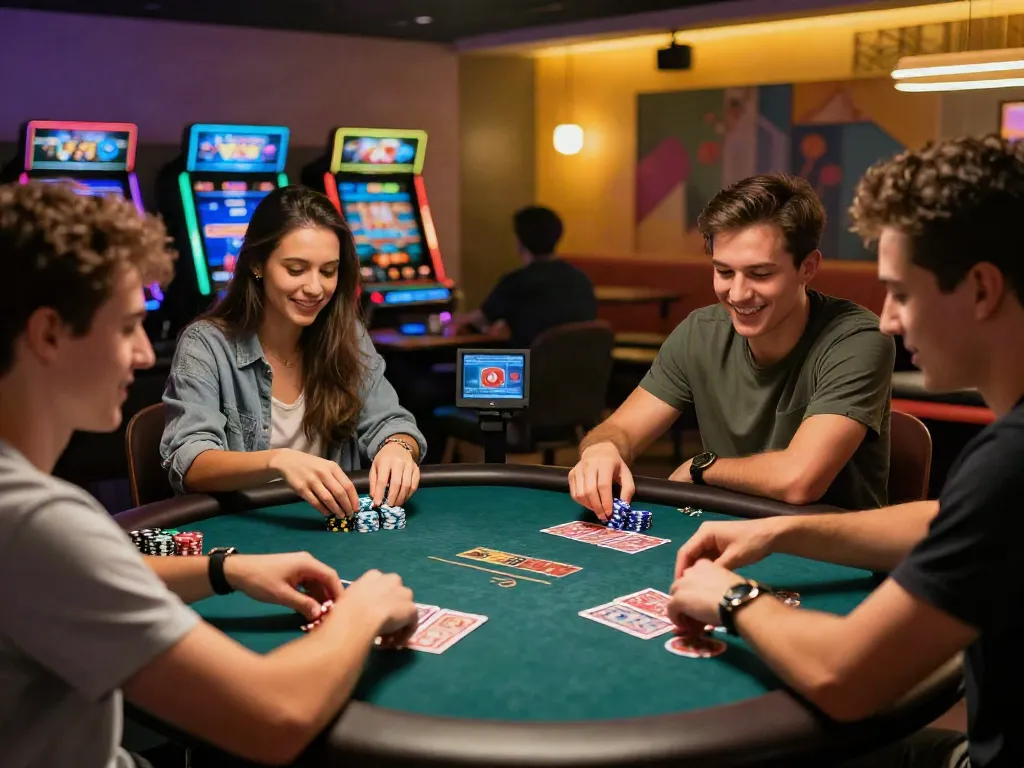 Engaging online casinos not on gamstop scene with friends enjoying table games and digital devices in a lively atmosphere