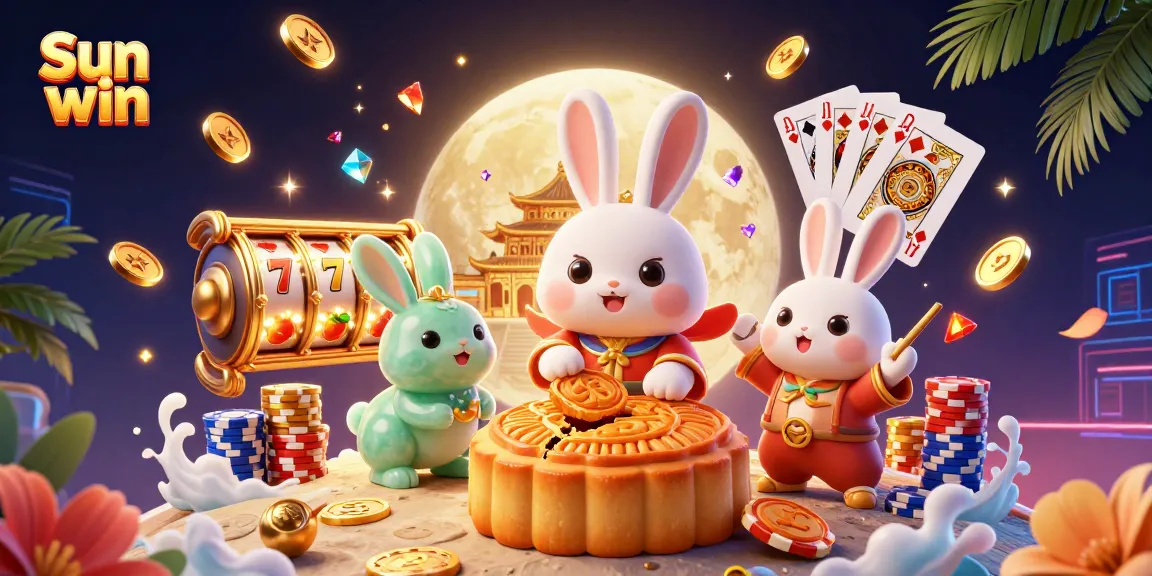 Experience winning with Sun win as the moon rabbit reveals poker chips in a vibrant casino setting.