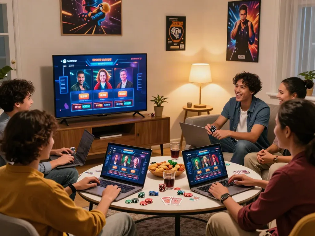 Friends enjoying online casinos not on GamStop in a cozy game room