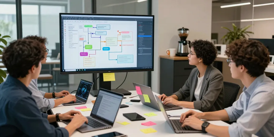 Team collaborating to build internal tools with AI in a modern workspace.