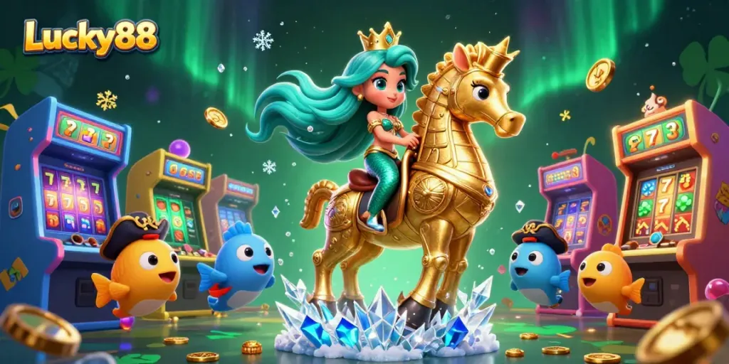 Experience thrilling gameplay with Lucky88's vibrant mermaid and seahorse in a colorful casino scene.