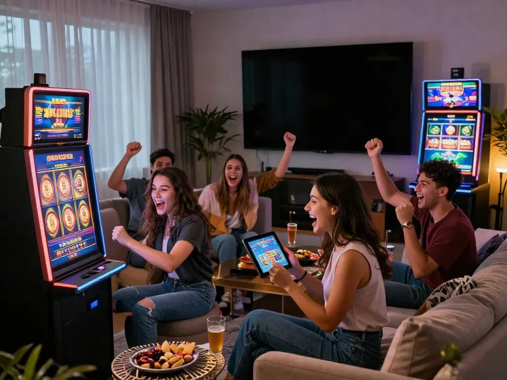 Friends enjoying online casinos not on gamstop while playing slots on a tablet in a cozy living room.