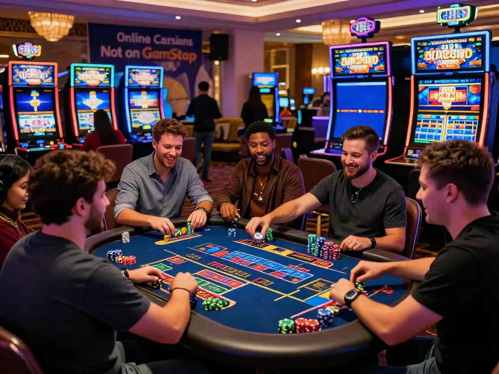 Diverse players enjoying exciting games at online casinos not on GamStop, surrounded by vibrant neon lights and lively atmosphere.