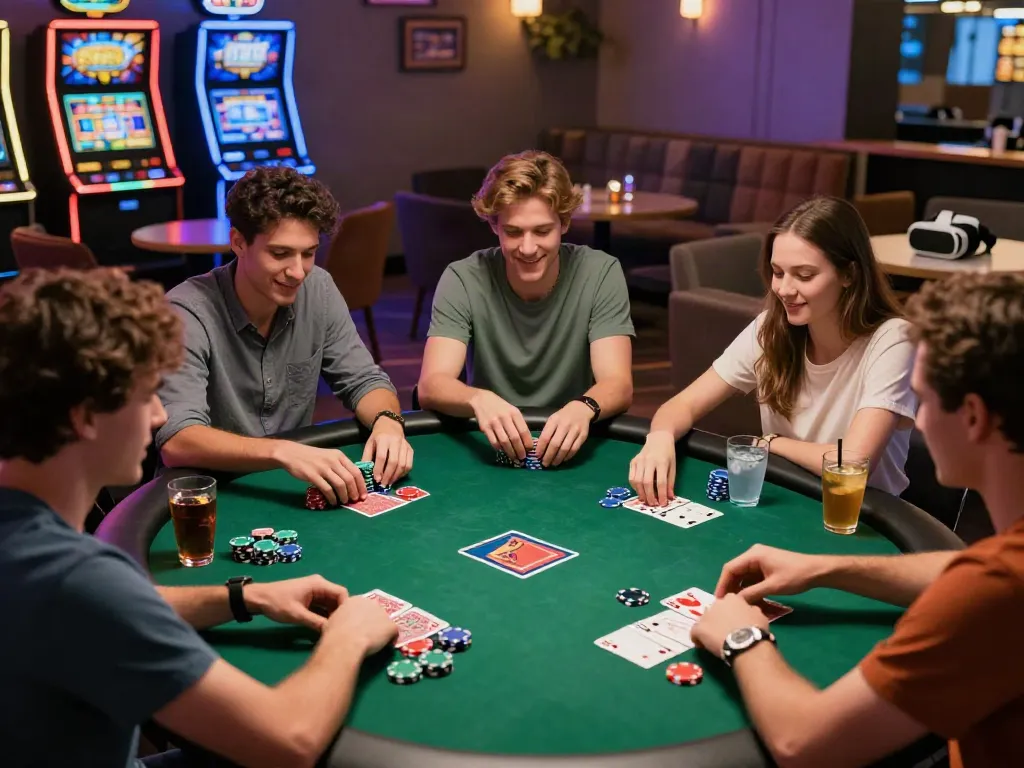 Exciting scene at online casinos not on GamStop with players enjoying poker and vibrant ambiance.