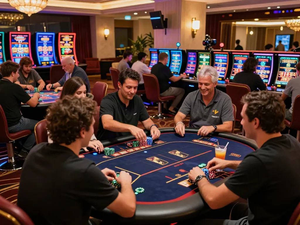 Players enjoying online casinos not on gamstop in a vibrant, lively setting filled with colorful LED lights and engaging games.
