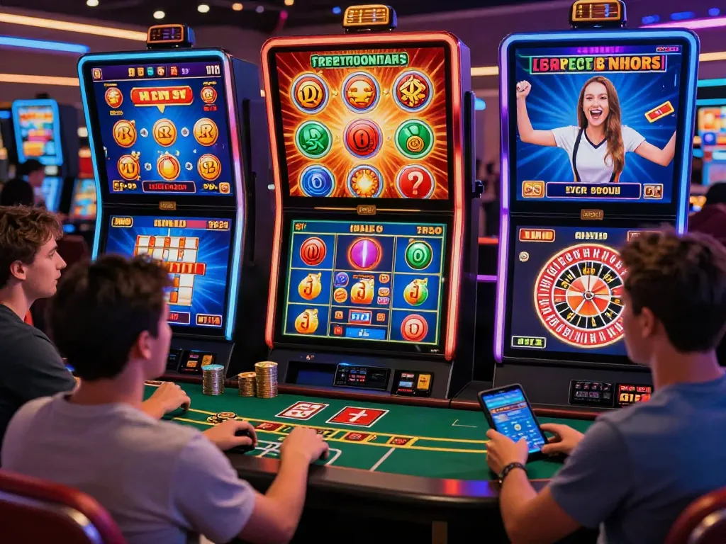 Players enjoying online casinos not on GamStop, engaging with slots and card games in a vibrant digital space.