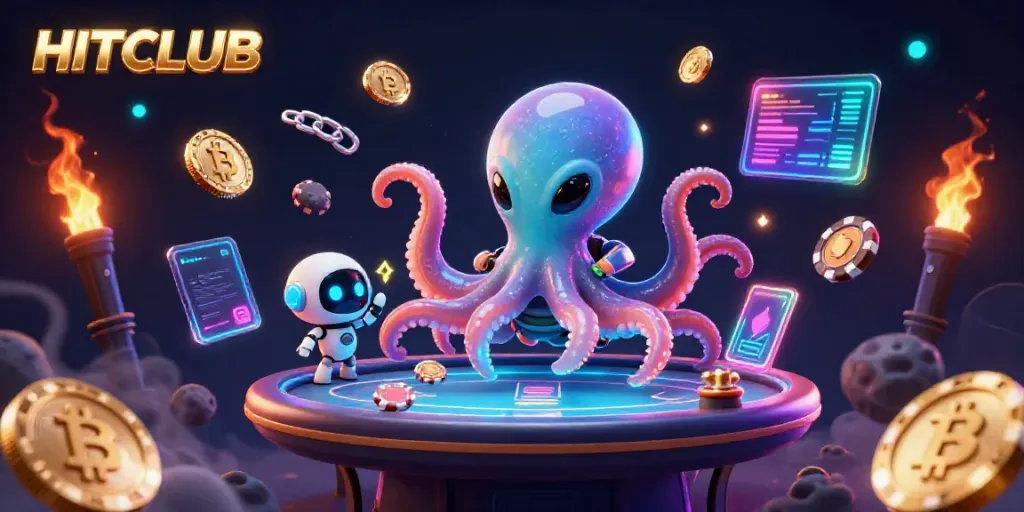 Experience the thrilling universe of HITCLUB with vibrant alien characters at a holographic casino table.