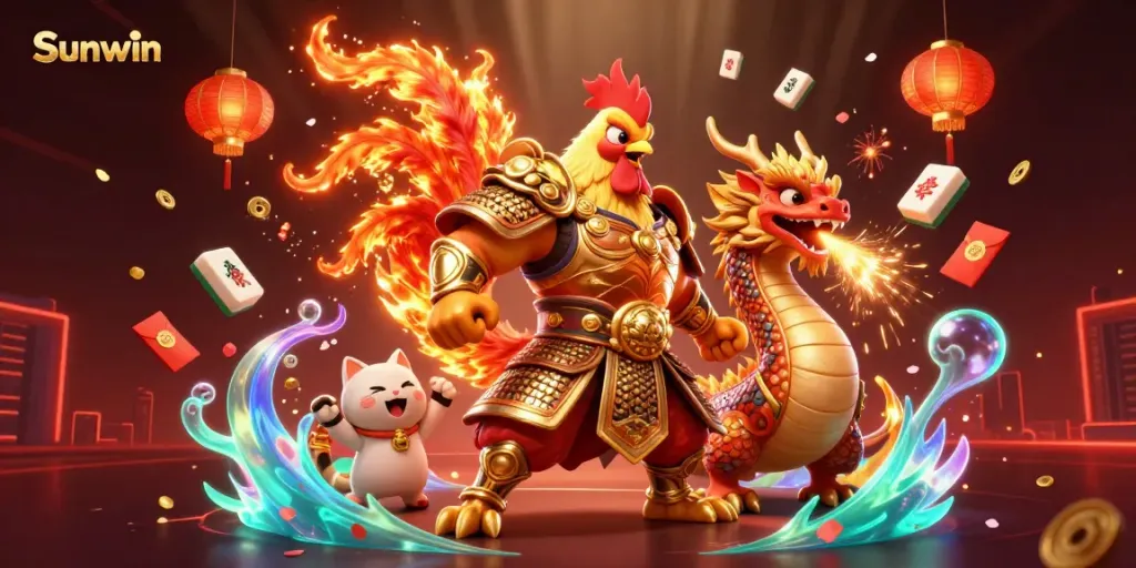 Engage in thrilling gameplay with Sunwin featuring a warrior rooster, dragon hatchling, and lucky cat in a vibrant celebration scene