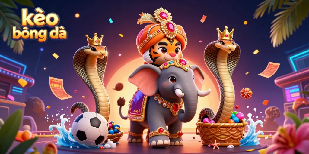 Engage with kèo bóng đá in this vibrant scene featuring a maharaja tiger and sports elements.