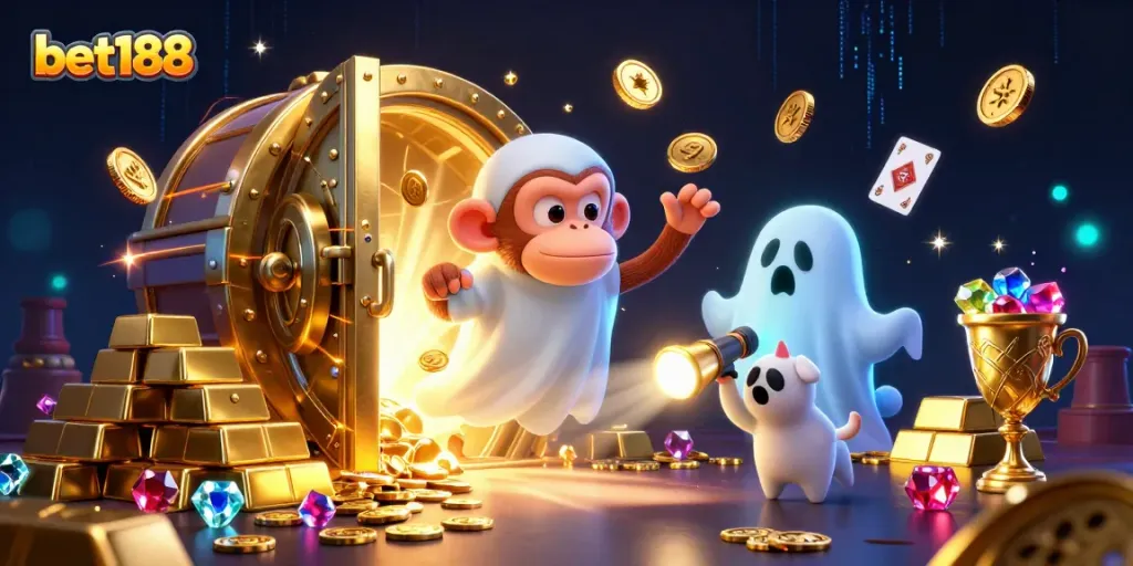 Experience the thrill of bet188 with a playful poltergeist monkey juggling casino treasures in a vibrant scene.