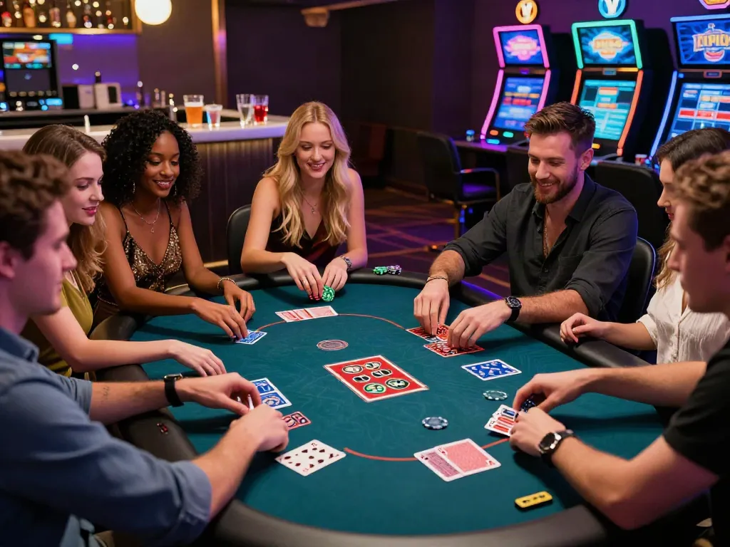 Friends enjoying vibrant casino gaming atmosphere at online casinos not on gamstop.