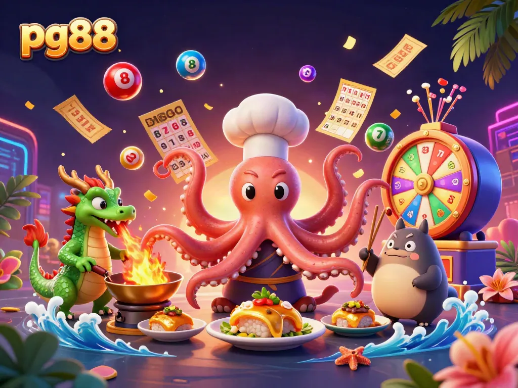 Win big with pg88 as the octopus chef creates golden dishes amidst a colorful gambling scene.