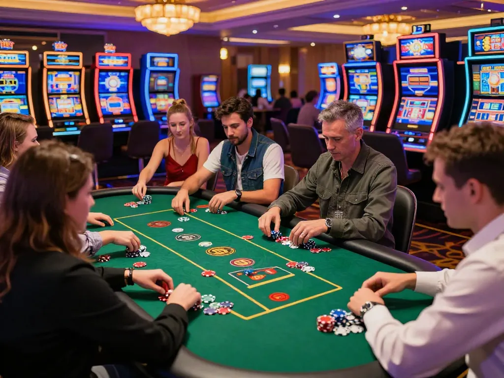 Players at online casinos not on gamstop enjoying a vibrant gaming experience with colorful slot machines and poker chips.