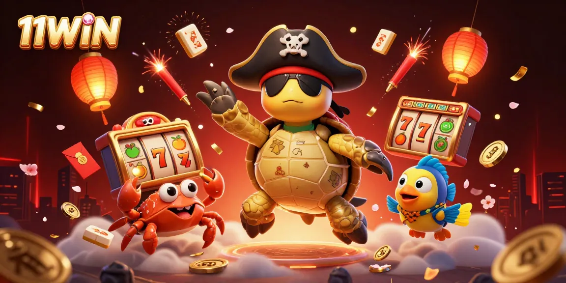 Experience thrilling gameplay at 11WIN with a vibrant 3D casino-inspired scene showcasing pirate characters, slot reels, and festive elements.