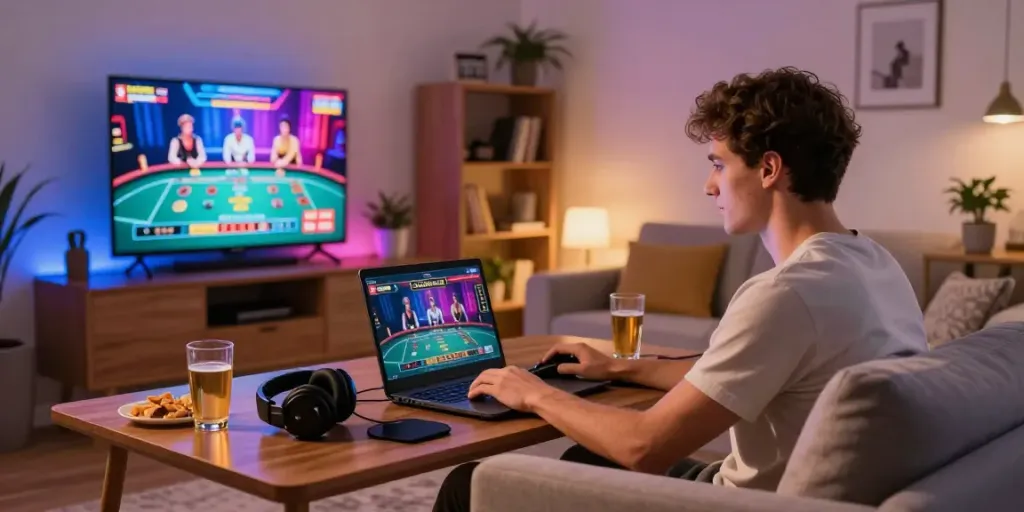 Engaging online casinos not on GamStop gaming session at home with cozy ambiance.