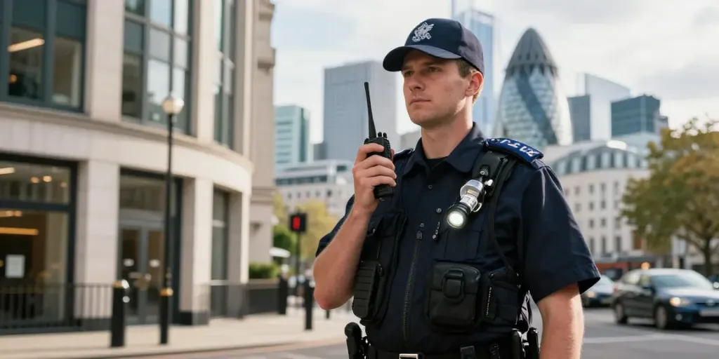 Security professional patrolling a commercial property, embodying trust and reliability in London.