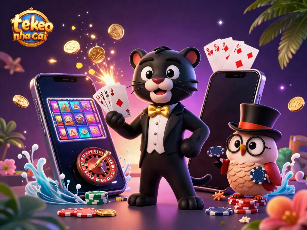 Engaging scene illustrating the excitement of ty le keo nha cai with a black panther dealer, owl, and mouse amidst dazzling casino elements.