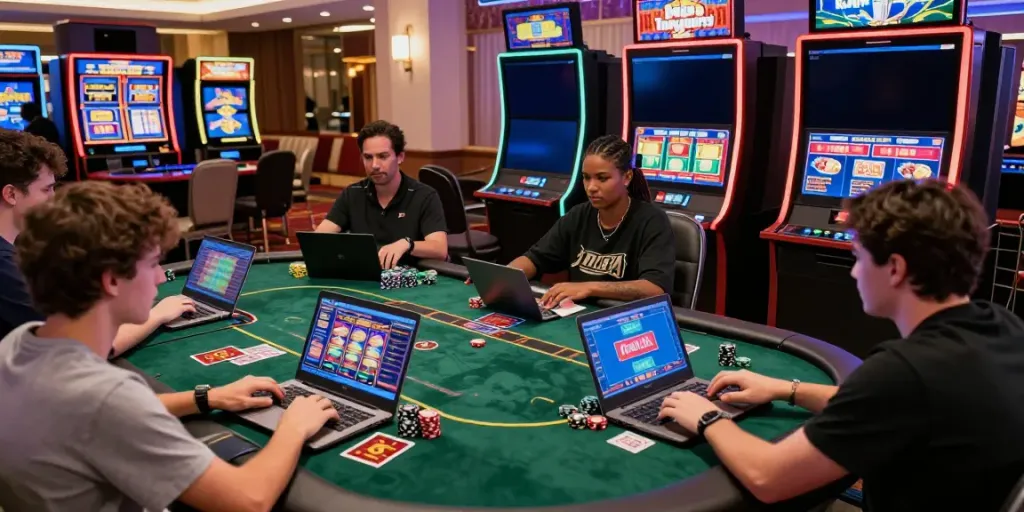 Engaged players at online credit card casinos enjoying vibrant games and bonuses in a lively casino setting.