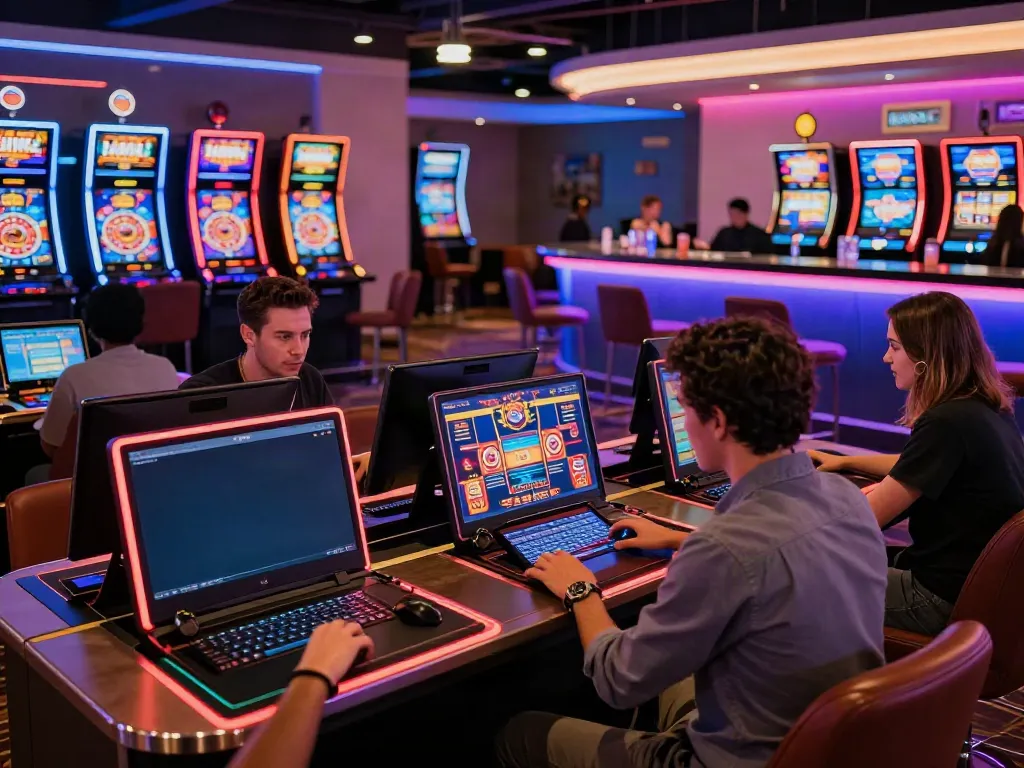 Exciting gaming scene with players enjoying online casinos not on gamstop in a modern lounge.