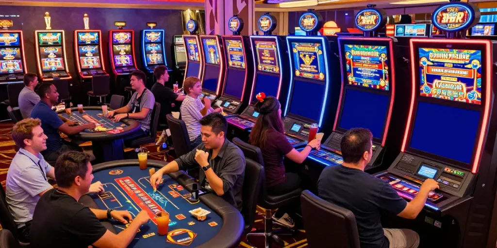 Exciting scene of players at online casinos not on gamstop, enjoying games with vibrant neon lights.