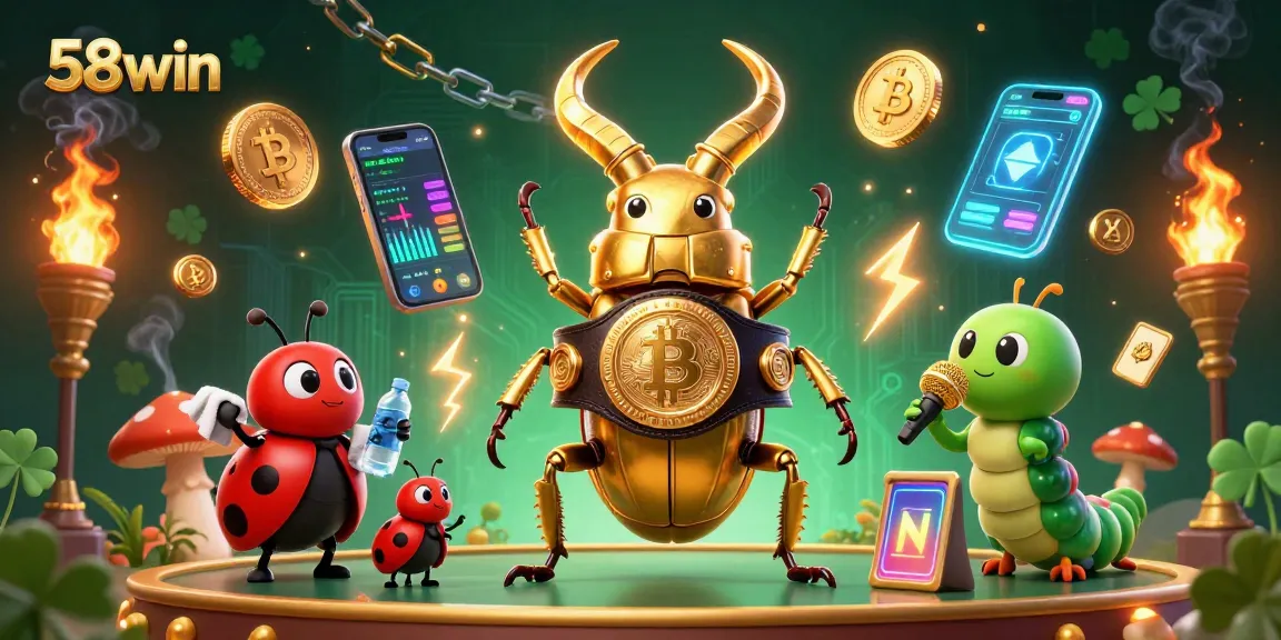 Join the excitement at 58win, showcasing vibrant characters and crypto gaming elements in a dynamic 3D illustration.