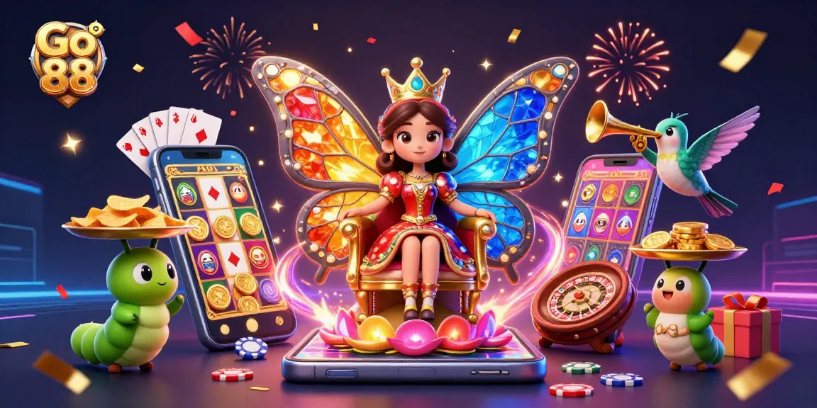 Engage with Go 88's vibrant gaming scene featuring a charming butterfly queen, slot games, and festive confetti.