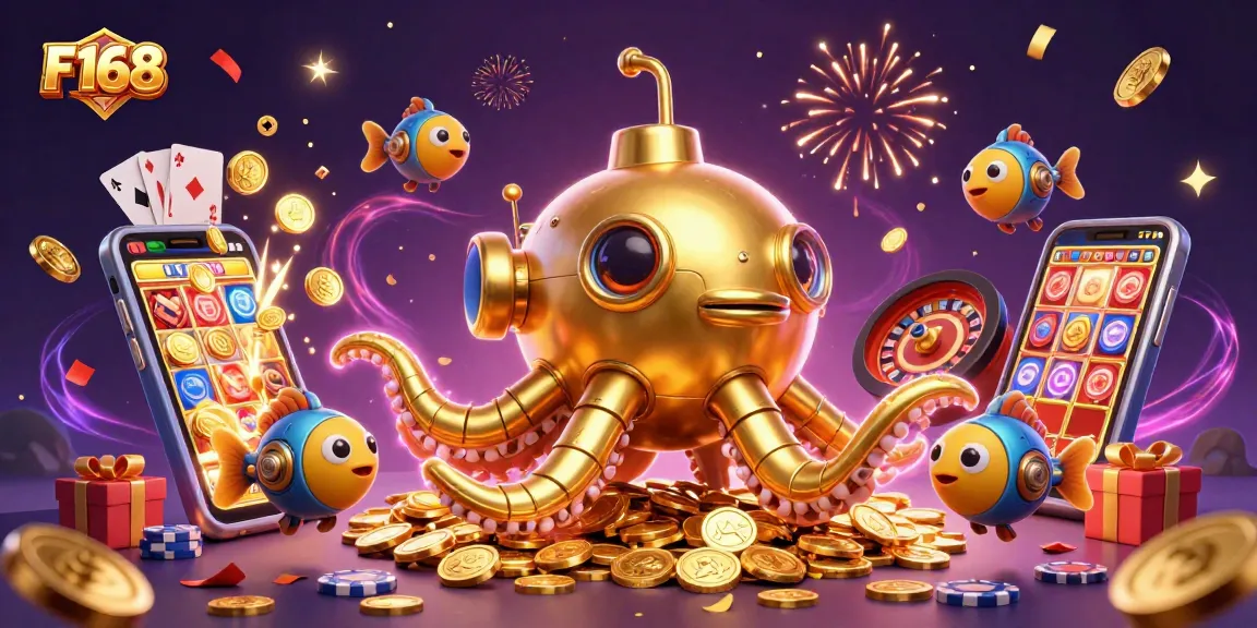 Experience the thrill of slots with F168’s captivating underwater illustration featuring a kraken and gaming elements.