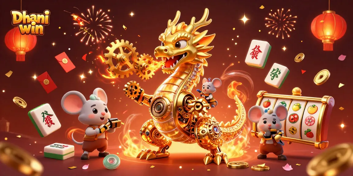Dhani win showcases an ultra-detailed 3D illustration of a golden dragon and tiny engineer, immersed in exciting gambling elements like slot reels and confetti.
