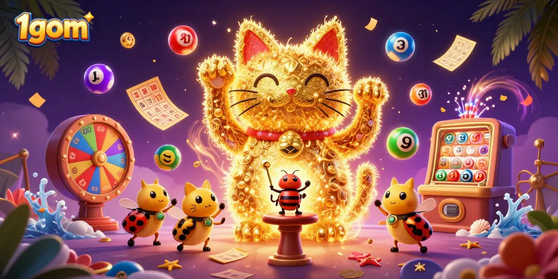 Engage with the vibrant 1gom casino world, featuring a lucky cat and dynamic lottery elements.