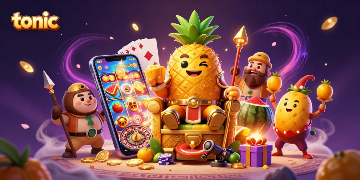 Experience the thrill of gaming with tonic at this vibrant beach casino scene featuring a golden pineapple king.