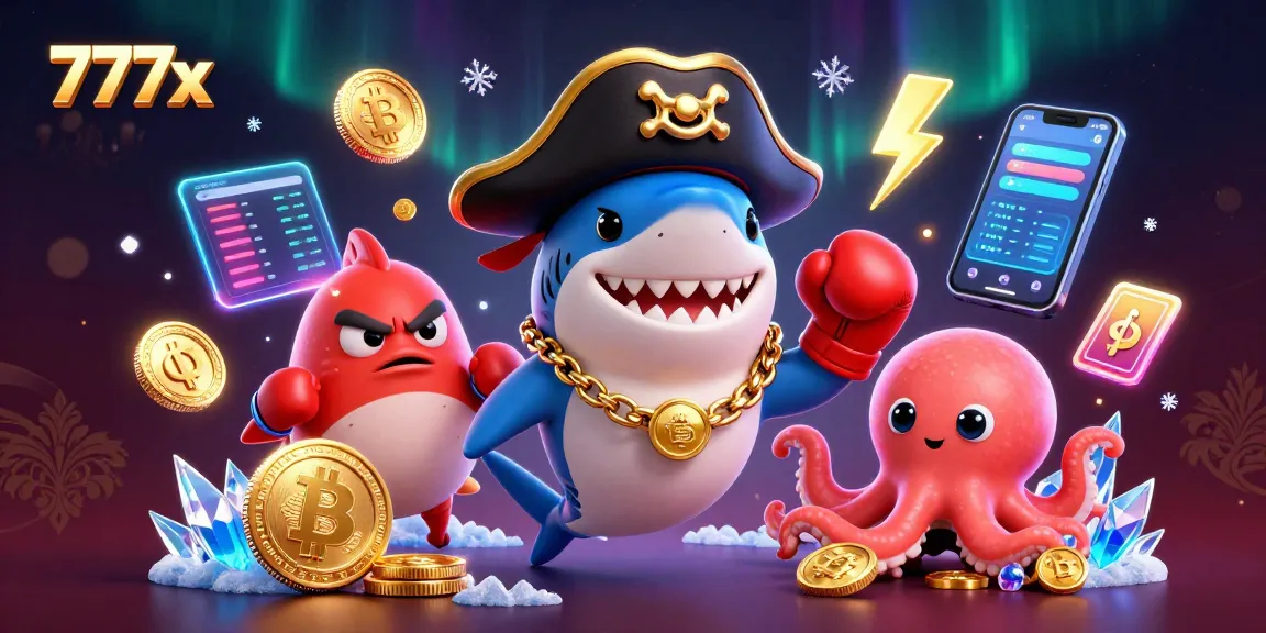 Engage with 777x using a vibrant 3D illustration featuring inventive characters and crypto elements in a casino scene.