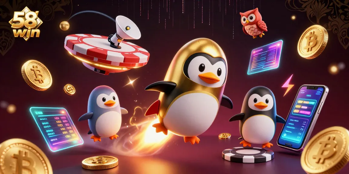 Experience thrilling gameplay with 58win as a golden penguin rockets through a vibrant casino universe.