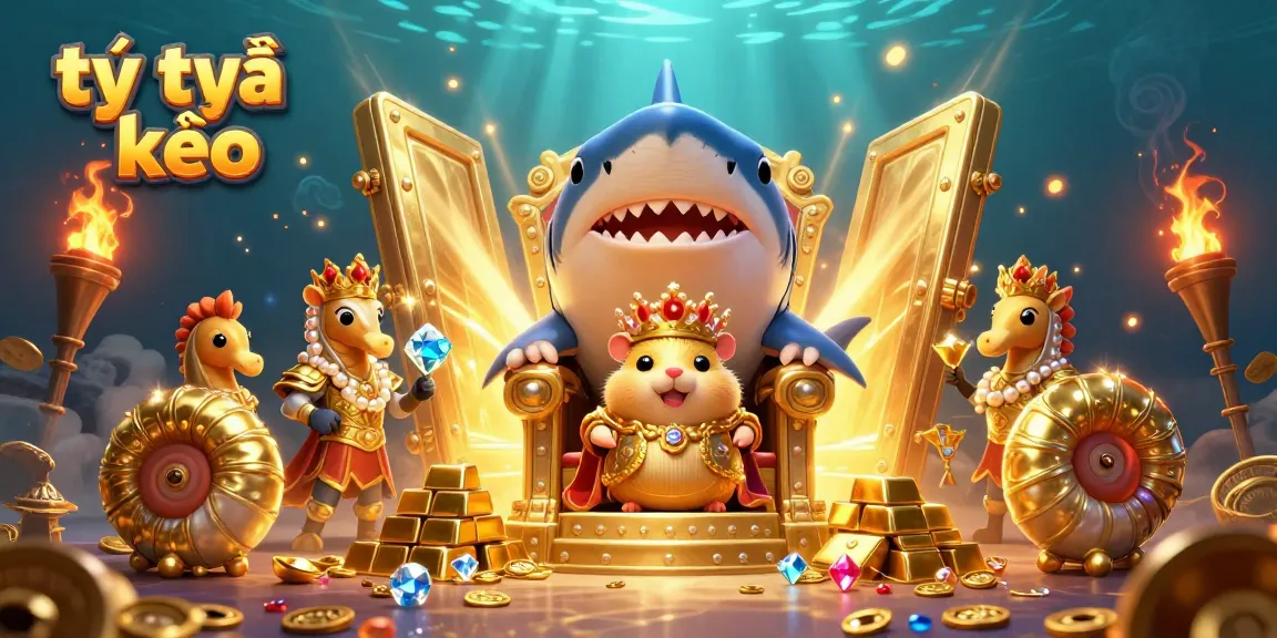 Engage with tỷ lệ kèo through a vibrant 3D scene of a golden hamster king presiding over treasure amidst dynamic casino elements.