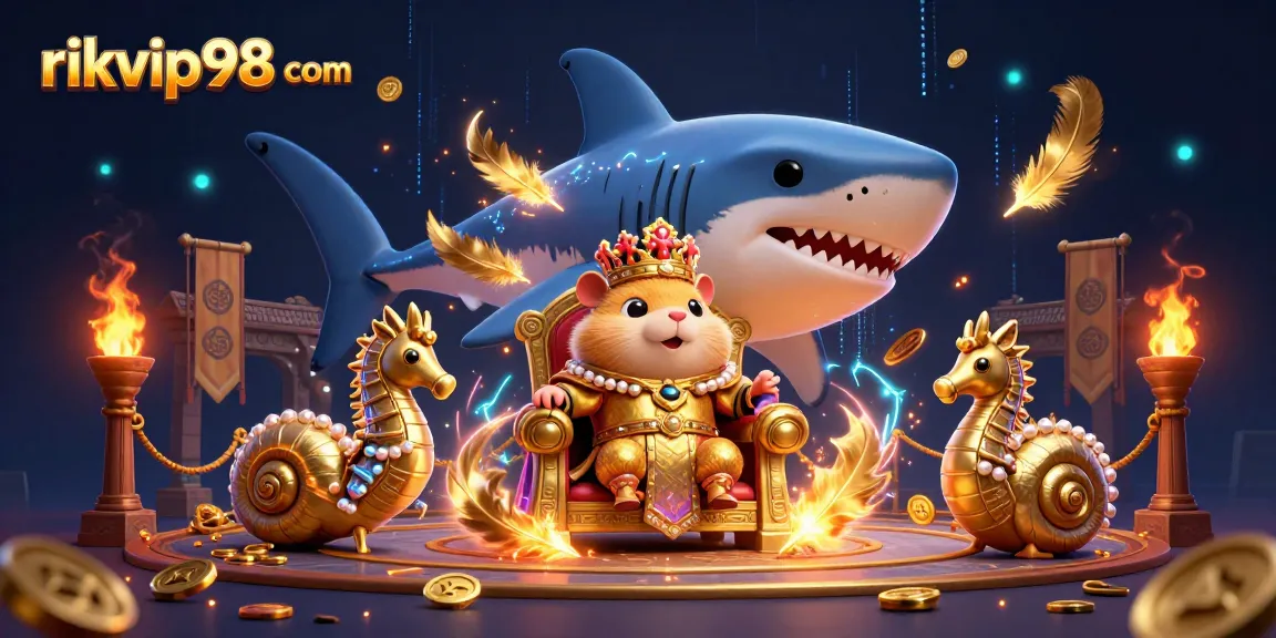 Experience gaming at rikvip98 com with a fierce golden hamster king in a vibrant casino-themed 3D illustration.