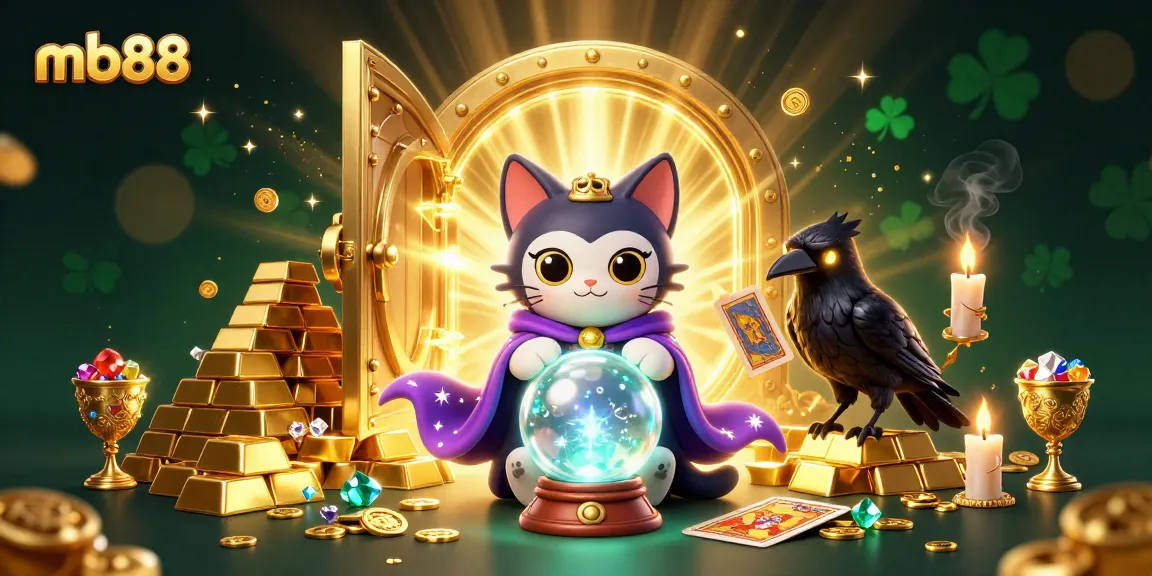 Experience thrilling fortunes at mb88 with the mystical cat fortune teller, golden treasures, and vibrant candles.