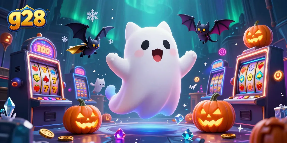 Experience g28 excitement with a ghost cat in a haunted casino, surrounded by vibrant slot elements.