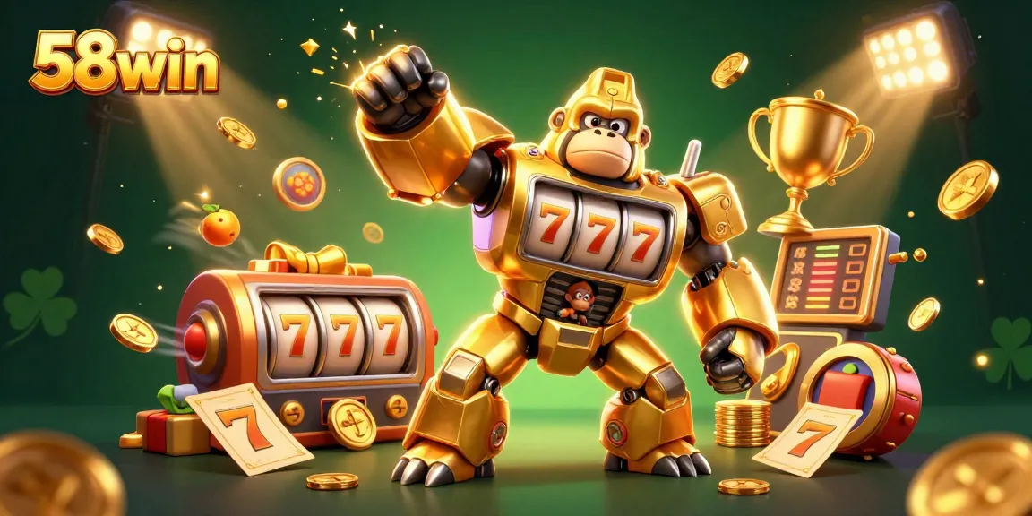 Engage with 58win in this 3D illustration featuring a golden gorilla mech and dynamic slot reels.