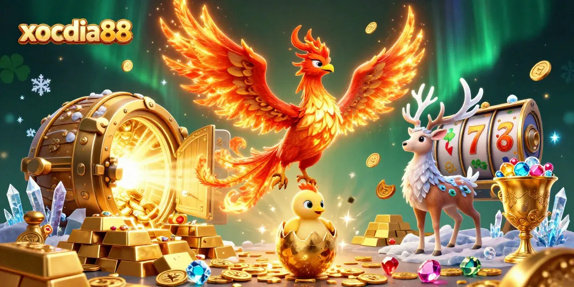 Experience the thrill of xocdia88 with an epic treasure-filled casino adventure illustration.
