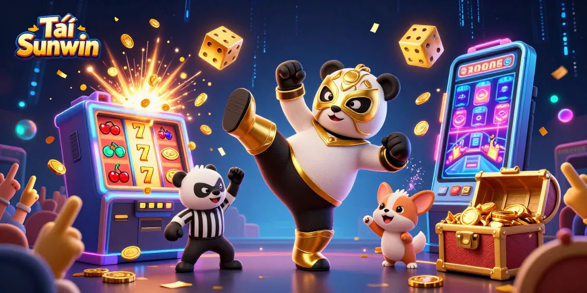 Tải Sunwin as a vibrant 3D illustration of a wrestling panda, jackpot bursting slot machine, and animal fans.